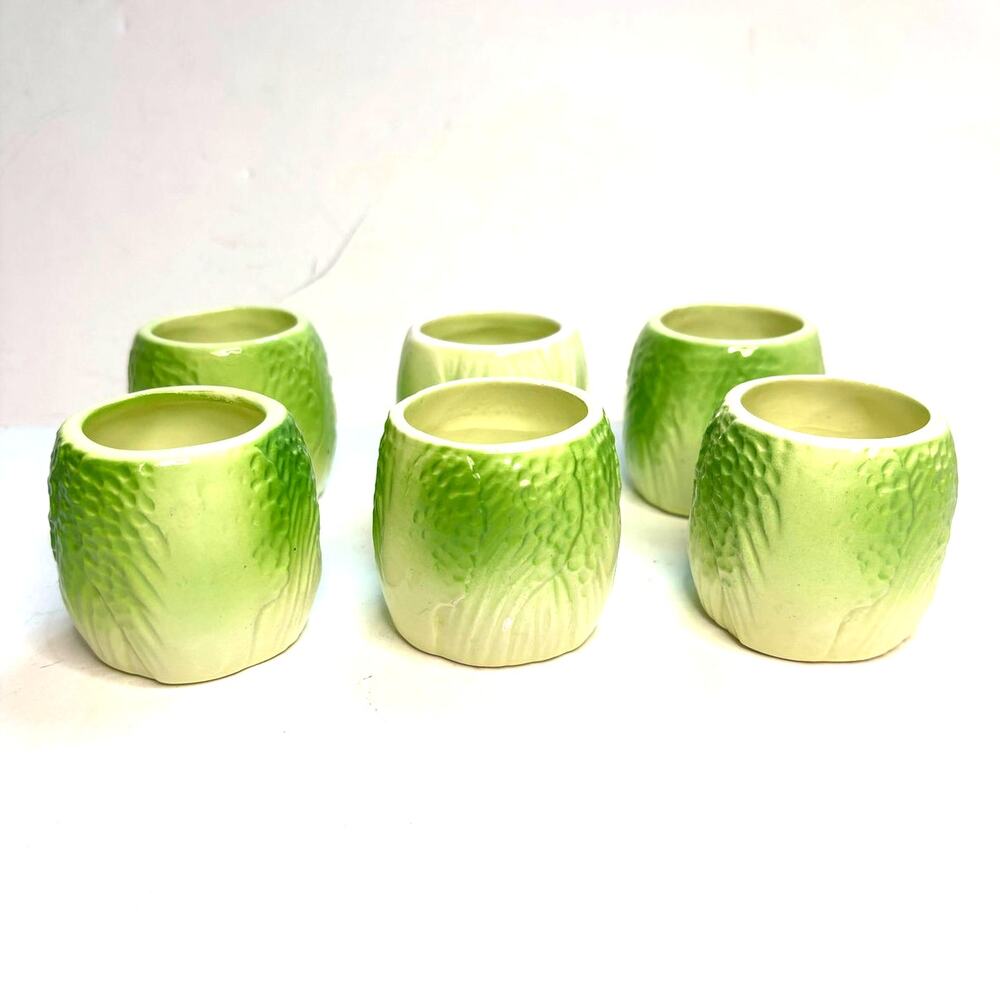Vintage Cabbage Ware Ceramic Napkin Rings Set 6 Made in Taiwan Green Leaf Decor